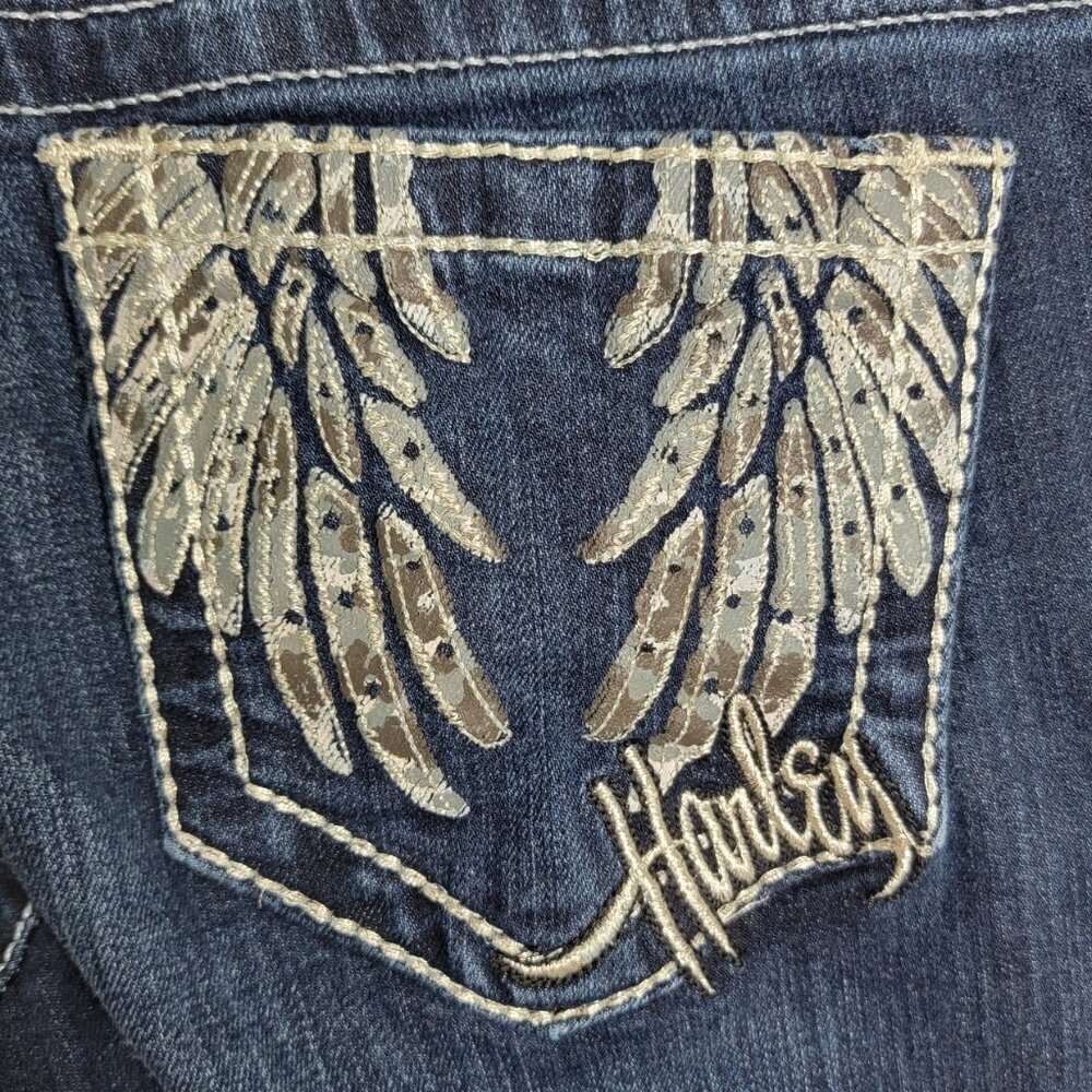 Harley Davidson Angel Wing Biker Bling Pocket Jeans Womens 0 Tall Y2K Dark Wash - Picture 2 of 12